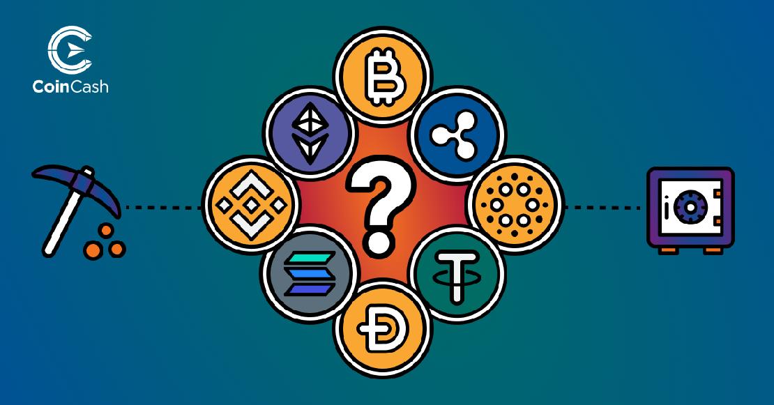 Egy kérdőjel körül a Bitcoin, az Ethereum, a Tether, a Binance Coin, a Dogecoin, a Cardano, a Ripple és a Solana jele, mellette a bányászást és a validálást jelző ikonokkal